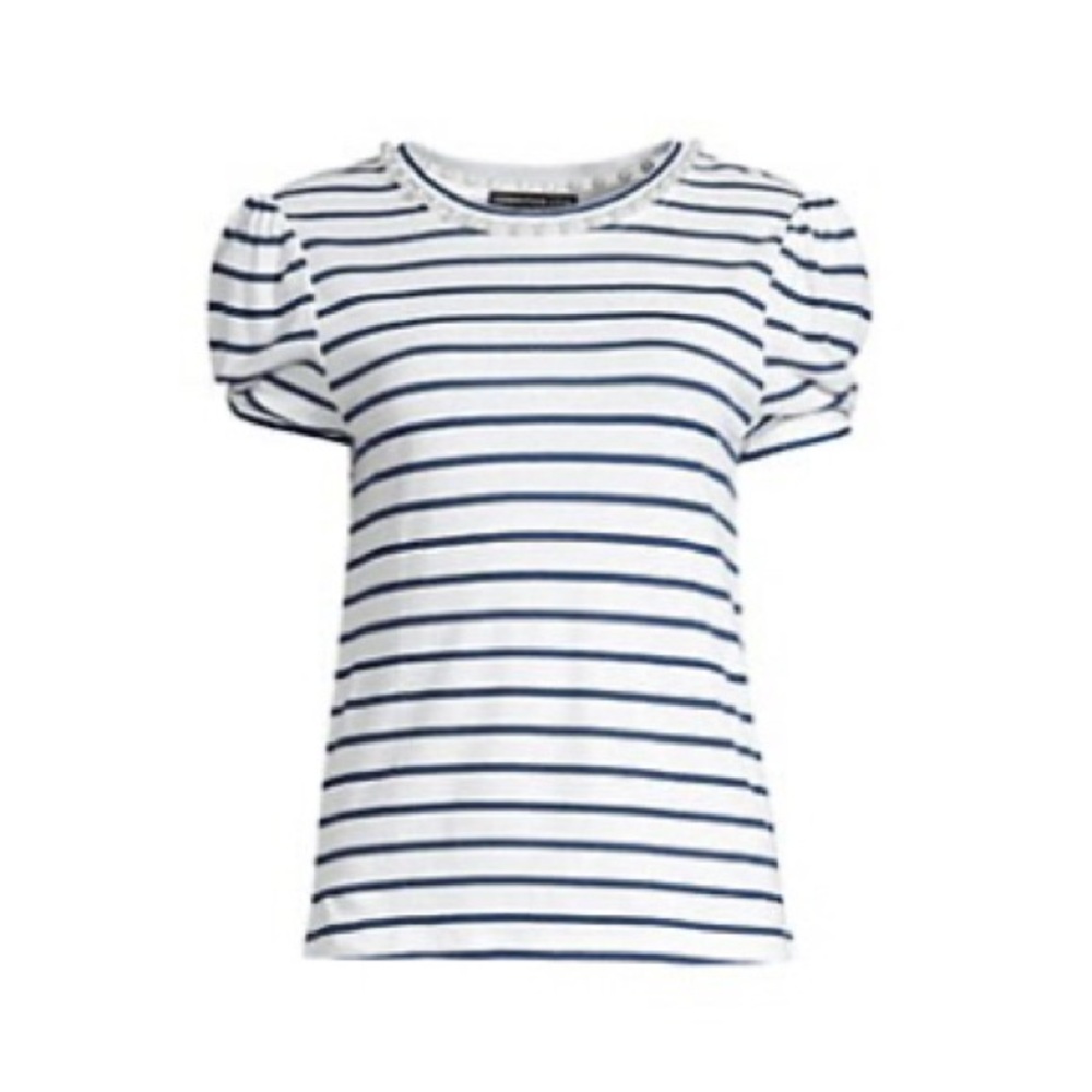 Generation Love Women’s White & Blue Stripe Pearl Detailed Tee Top - Size Small